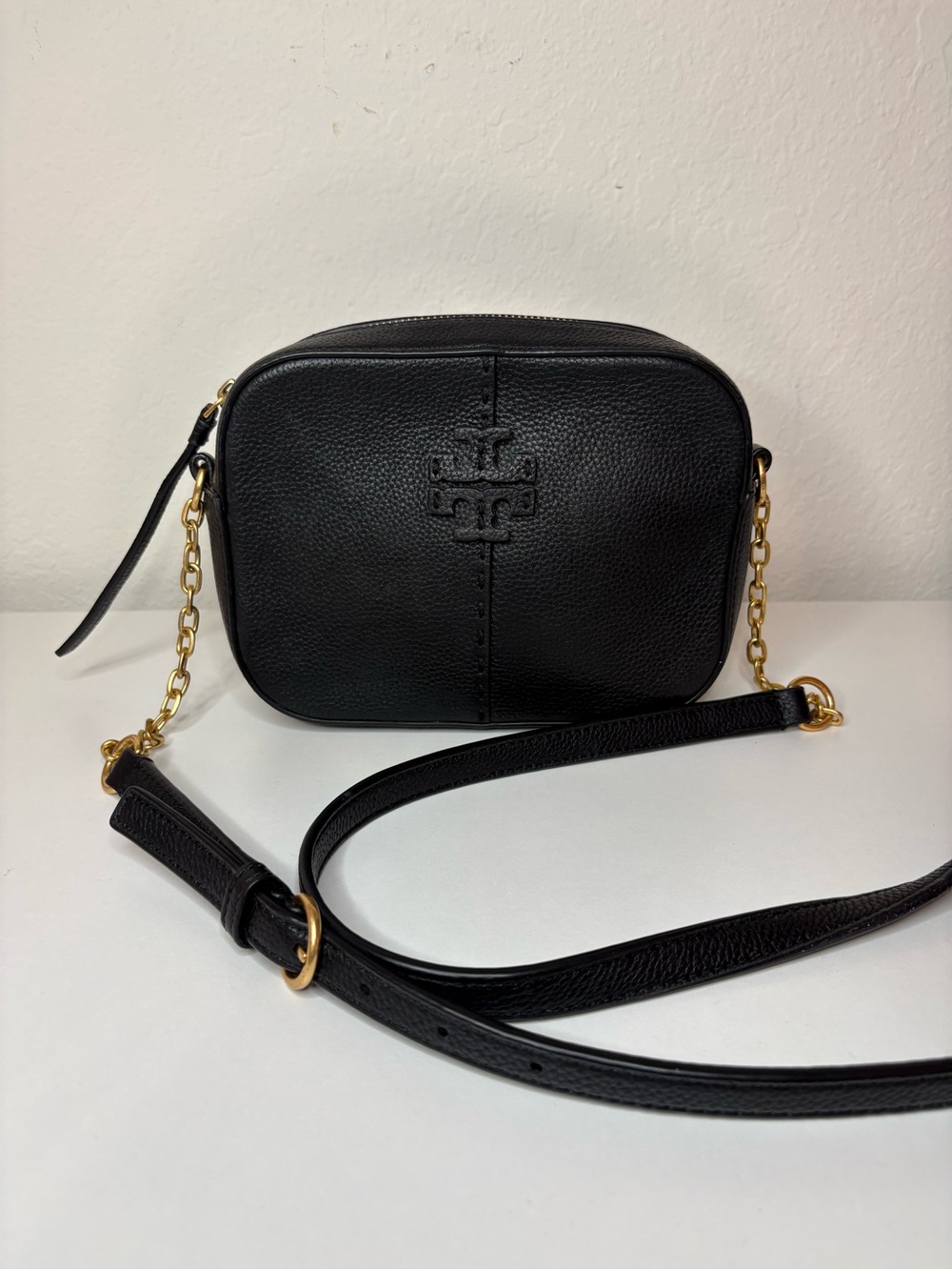 Tory Burch Black Pebbled Leather McGraw Camera Crossbody Bag gold hardware